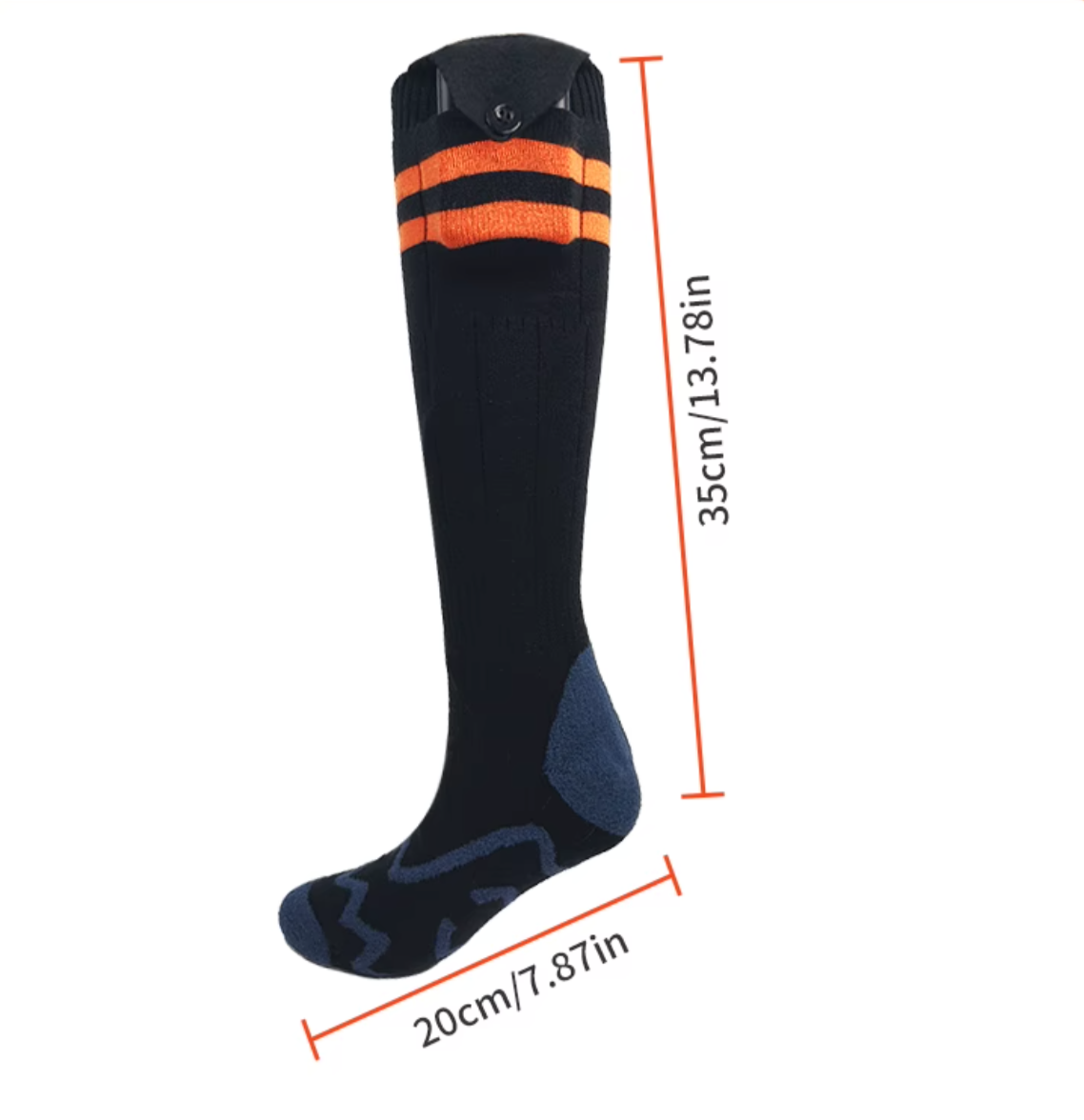 Black knee-high ThermaStep heated sock with two orange stripes at the cuff and grey-blue patterned heel and toe, shown with height and width measurements