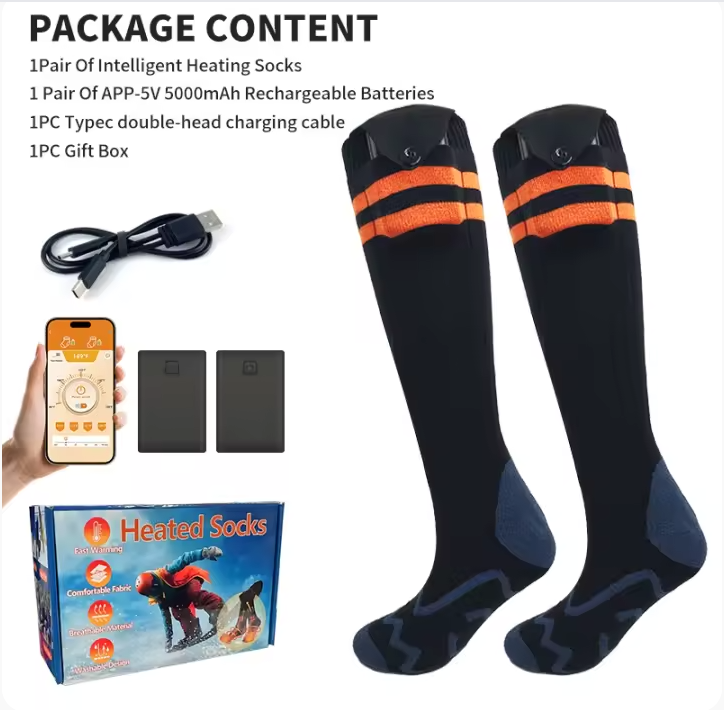 What's in the box: a pair of black knee-high ThermaStep heated socks with orange cuff stripes, two rechargeable battery packs, a USB-C charging cable, and the companion app on a phone